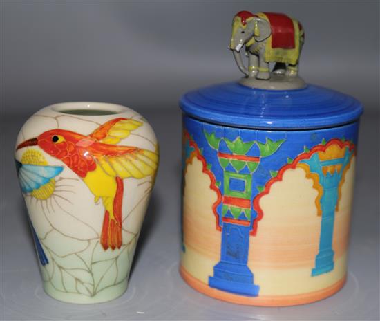 Sally Tuffin for Dennis Chinaworks. An elephant and arcade design no.10 jar and cover and a humming bird vase no.52